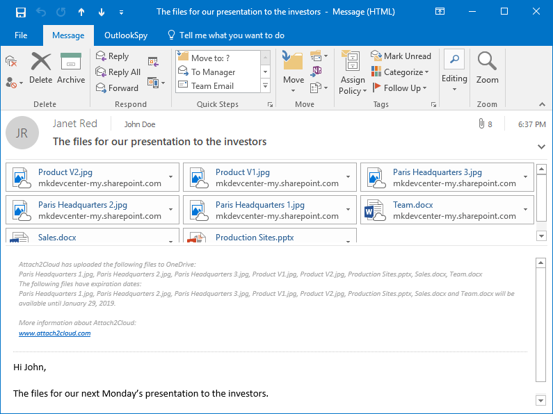 Attach2Cloud has replaced the files you originally attached to your MS Outlook email by OneDrive shortcuts
