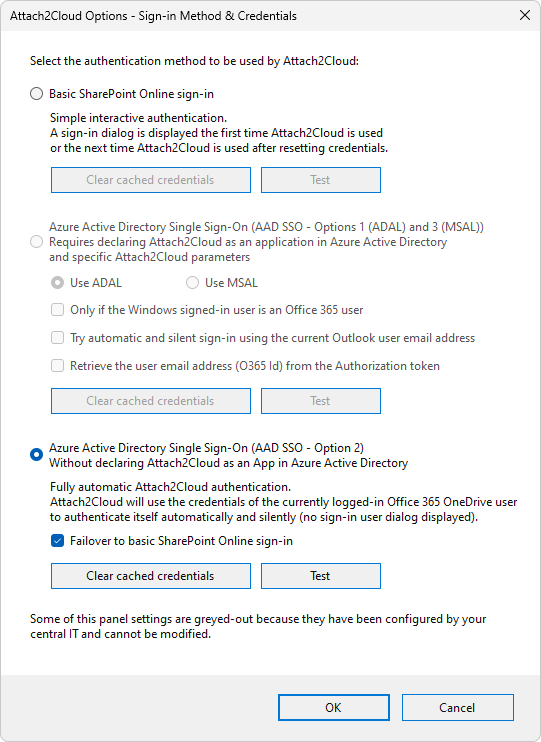 Attach2Cloud Options / Authentication Methods panel