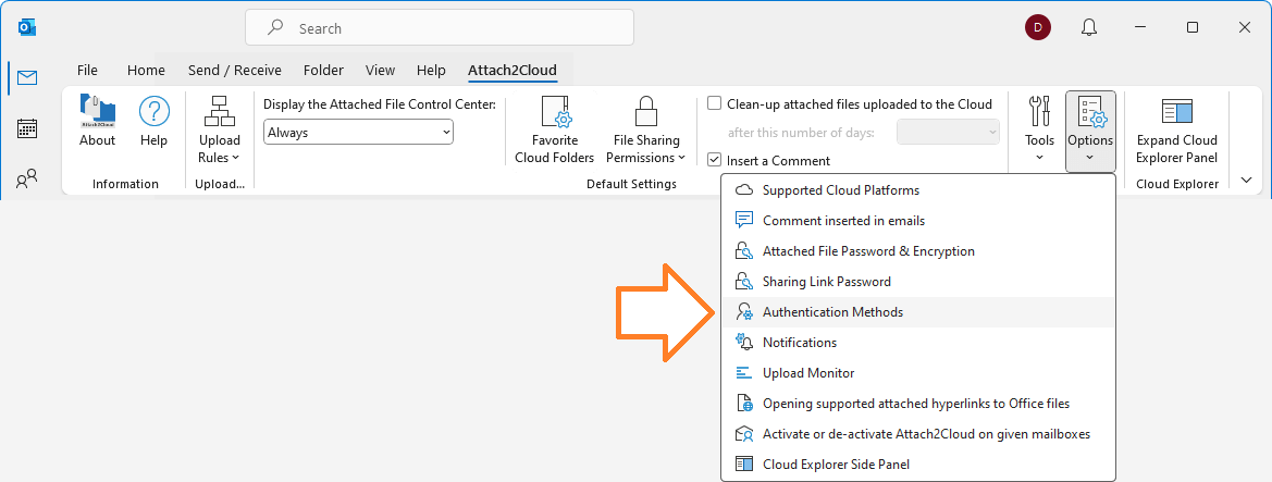 Ruban Attach2Cloud dans la fenêtre principale de MS Outlook - Menu Options / Méthodes d'identification