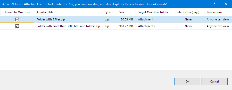 Tous les fichiers attachés à cet email Outlook sont cochés pour téléchargement vers OneDrive.
