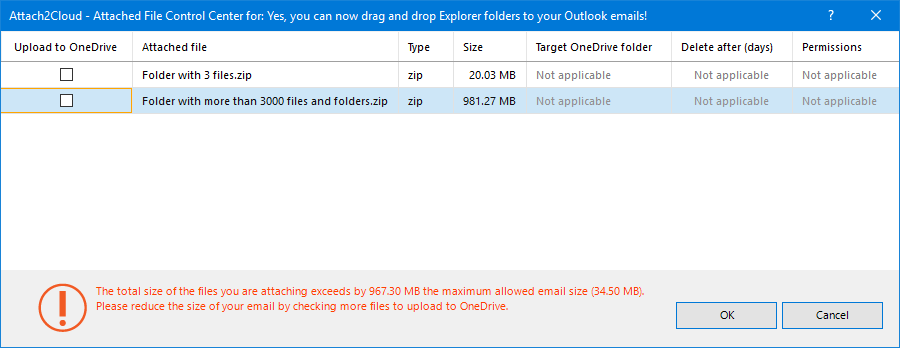 Large files exceeding the Outlook maximum allowed email size limit must be uploaded to OneDrive.