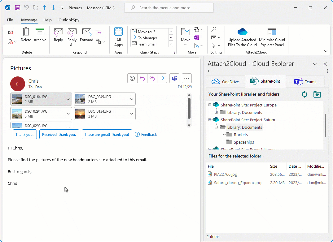 Glisser-déposer des pièces jointes Microsoft Outlook dans OneDrive, SharePoint Online et Teams à l'aide de l'Explorateur Cloud Attach2Cloud