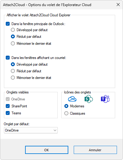 Explorateur Cloud pour MS Outlook - Options