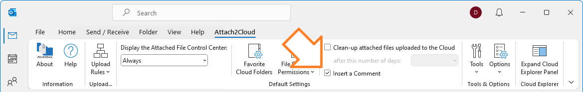 Attach2Cloud Ribbon check box to activate or deactivate the insertion of the Attach2Cloud comment