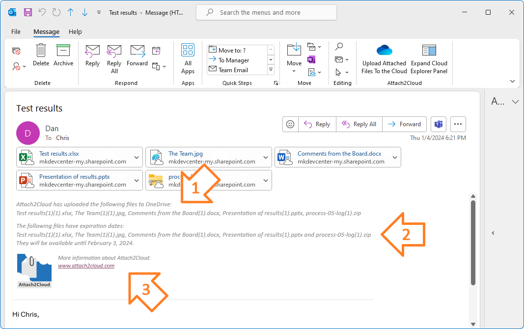 Attach2Cloud - Envoi d'un courrier électronique MS Outlook, avec téléchargement des pièces jointes dans le nuage et insertion automatique d'un commentaire par Attach2Cloud.