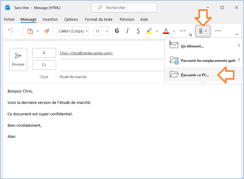 Dans MS Outlook, créez un nouveau message puis cliquez sur le bouton trombonne / Parcourir ce PC...