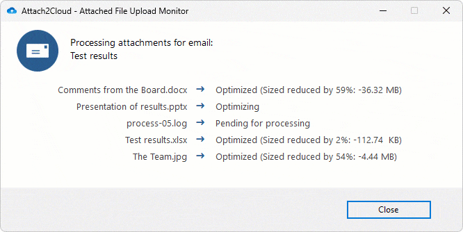 Attach2cloud upload monitor showing MS Outlook attached files optimization and compression