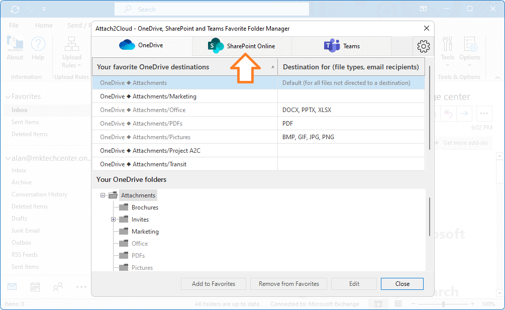 Attach2Cloud - How to initialize the  SharePoint Online and Teams catalog - 2 - Select the SharePoint Online tab or the Teams tab