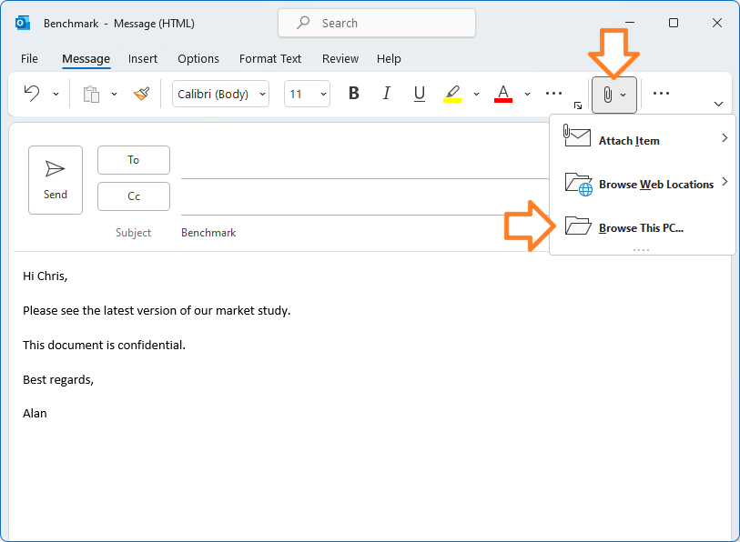 In MS Outlook, create a new email then click on the paper clip button / Browse this PC...