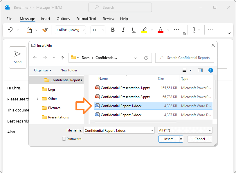 Select the files to attach to your MS Outlook email: