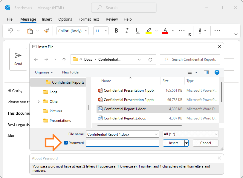 How to secure MS Outlook attached files: tick the password checkbox