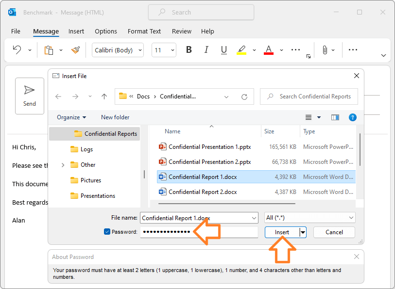 How to secure MS Outlook attached files: enter your password and click on Insert