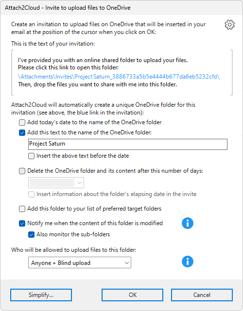 Attach2Cloud invitations to upload files to OneDrive - Invitation composer panel in Expert Mode