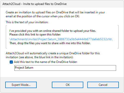 Attach2Cloud invitations to upload files to OneDrive - Invitation composer panel in Simplified Mode