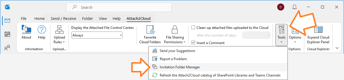 Invitations Attach2Cloud -  Menu Outils / Gestionnaire des dossiers d'invitation du ruban Attach2Cloud dans la fenêtre principale de Microsoft Outlook.