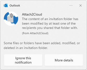 Notifications affichée par Attach2Cloud lorsque les destinataires d'une invitation téléchargent des fichiers dans le dossier de l'invitation.