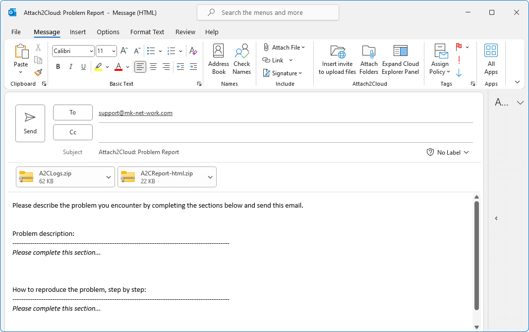 L'email contenant le rapport d'incident Attach2Cloud au format HTML et les fichiers log de Attach2Cloud joints après compression Zip.