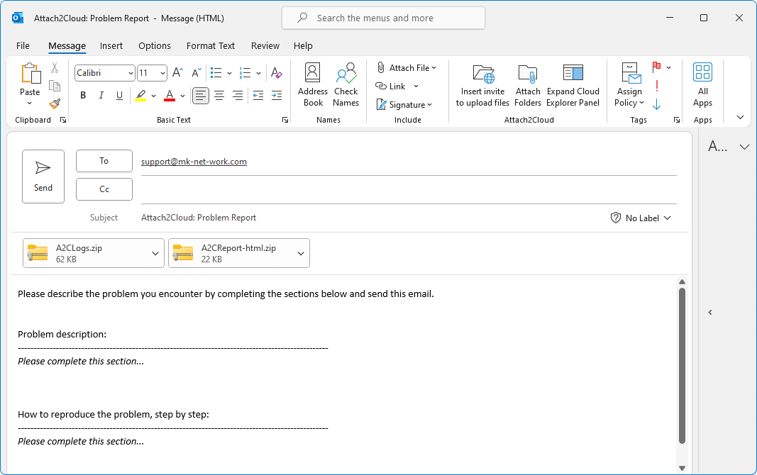 Attach2Cloud Problem Report email containing the HTML report and the Attach2Cloud log files in Zip-compressed attached files