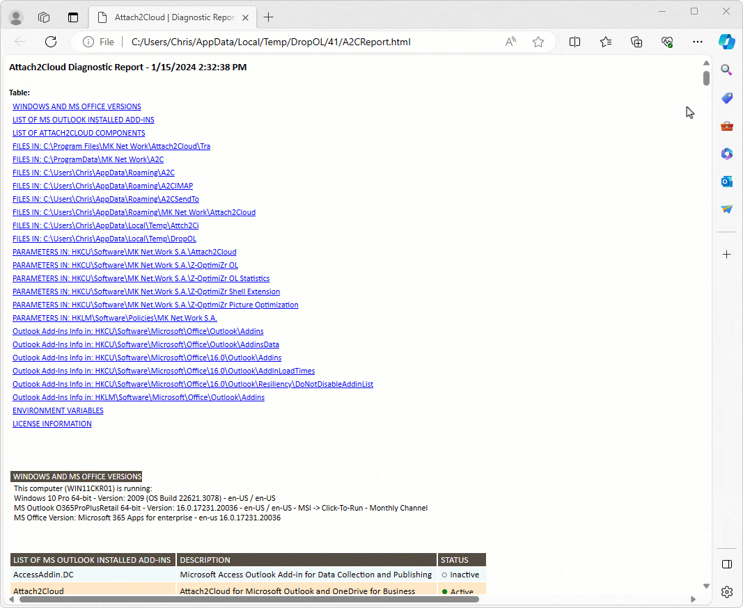 The Attach2Cloud HTML Problem Report displayed in a web browser