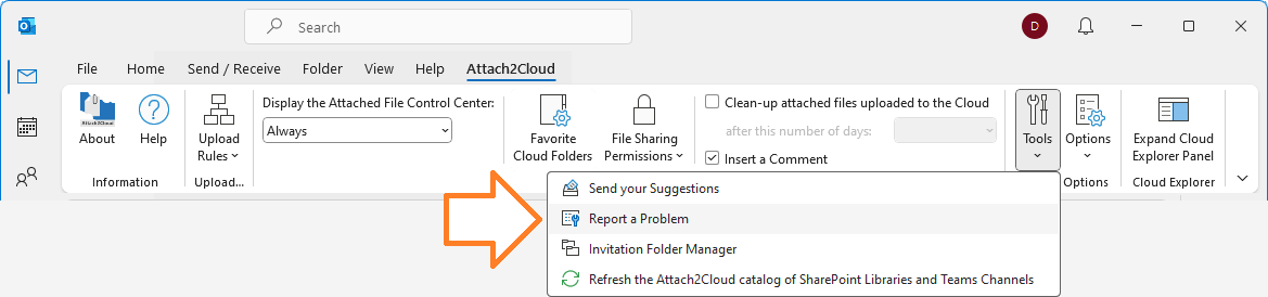 Attach2Cloud Ribbon - Options / Report a Problem menu