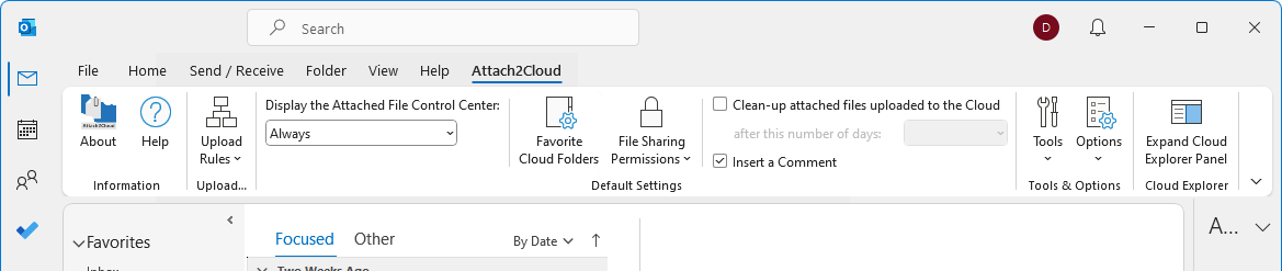 The Attach2Cloud ribbon in the main Microsoft Outlook window