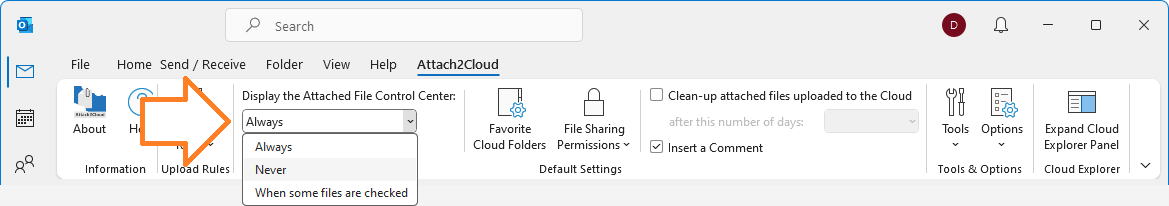 Attach2Cloud ribbon "Display the Attached File Control Center" combo-box