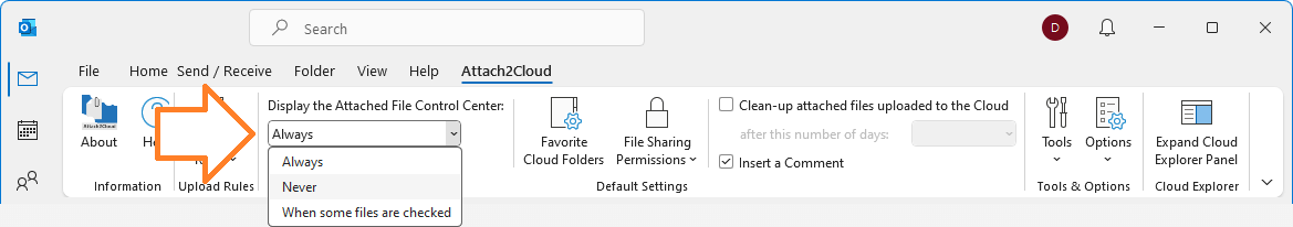 Ruban Attach2Cloud - Menu "Afficher le centre de contrôle des fichiers joints"