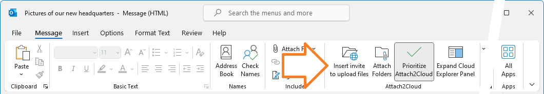 The Attach2Cloud ribbon buttons in the Microsoft Outlook message windows (in edit mode) - With the prioritize button toggled