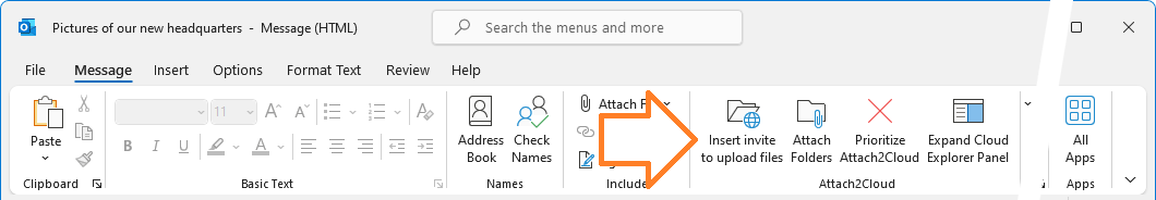 The Attach2Cloud ribbon buttons in the Microsoft Outlook message windows (in edit mode) - With the prioritize button untoggled