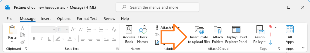 The Attach2Cloud ribbon buttons in the Microsoft Outlook message windows (in edit mode)