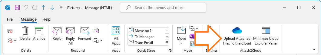 The Attach2Cloud ribbon buttons in the Microsoft Outlook message windows (in read mode)