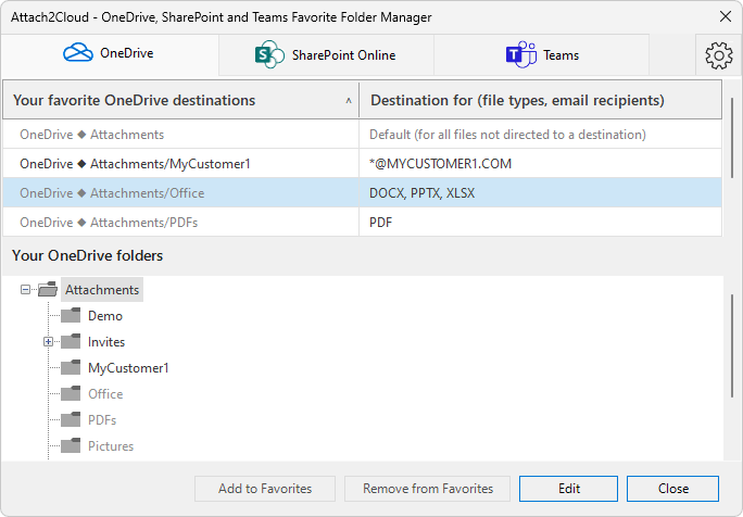 Gestionnaire de dossiers cloud favoris de Attach2cloud pemrettant de spécifier la destination cloud de fichiers joints en fonction des types de fichiers.