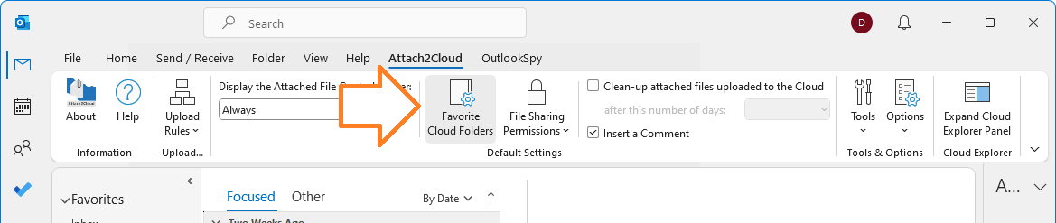 The main MS Outlook window Attach2Cloud ribbon Favorite Cloud Folder Manager button