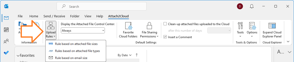 The main MS Outlook window Attach2Cloud ribbon Upload Rules menu