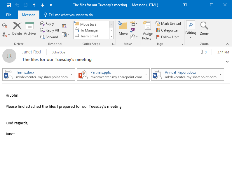 Dans le dossier Eléments envoyés de Janet, le courriel envoyé contient les raccourcis OneDrive créés par Attach2Cloud