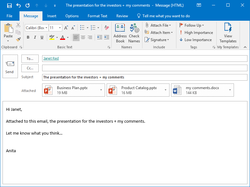 Le courriel Outlook de Janet contenant 3 fichiers attachés, dont 2 d'une taille supérieure à 10 Mo, est prêt à être envoyé
