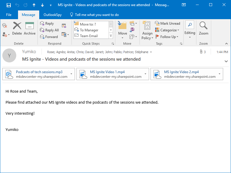 The received MS Outlook email with attached OneDrive shortcuts to video and audio files created by Attach2Cloud in place of the large files attached by Anita