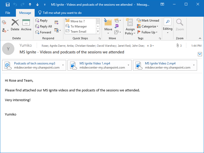 In the Anita's MS Outlook Sent Items folder, the sent email with the the video and audio file OneDrive shortcuts created by Attach2Cloud