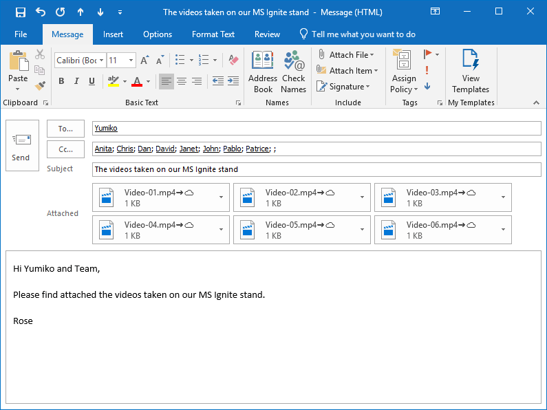 6 large video files (18 Gigabytes in total), attached to an Outlook email in one second!
