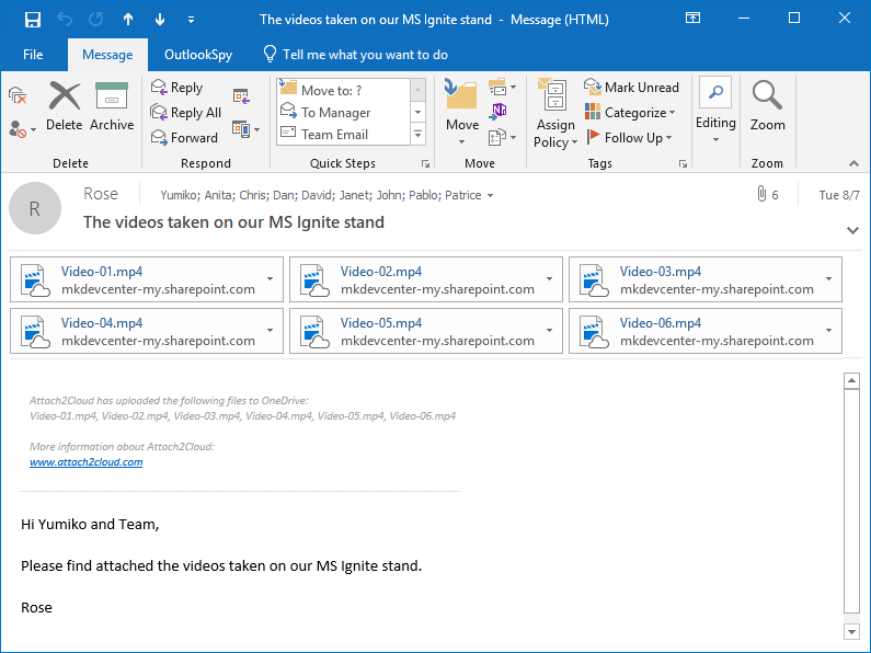 In the Rose's Outlook Sent Items folder, the sent email with the OneDrive shortcuts created by Attach2Cloud