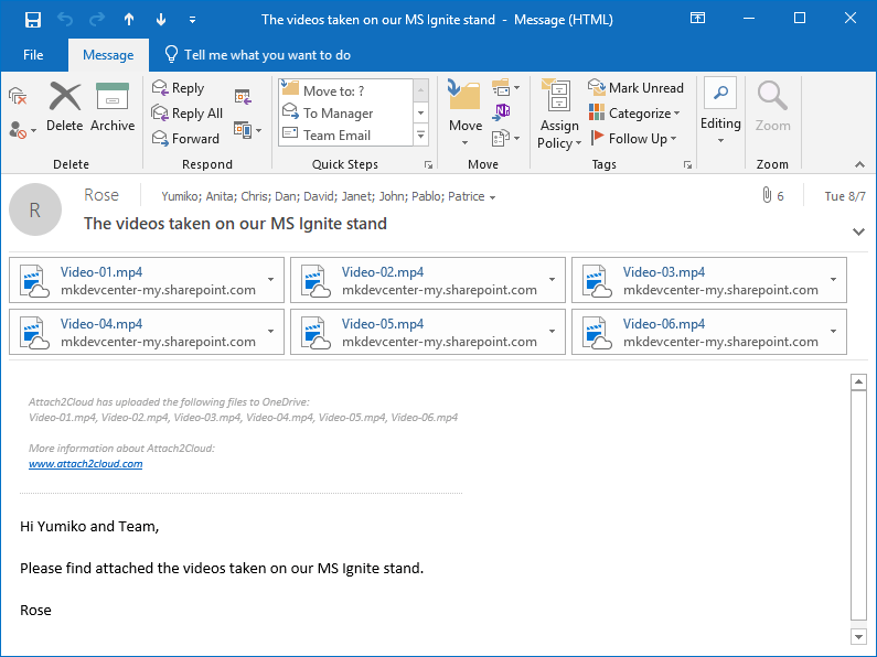The received MS Outlook email with attached OneDrive shortcuts to video files created by Attach2Cloud in place of the large files attached by Rose