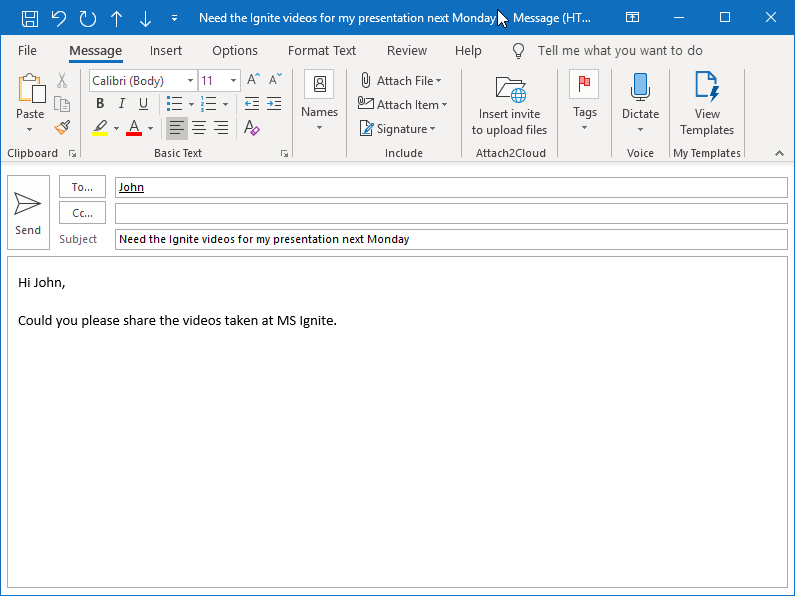 After clicking on the Insert invitation to upload files to OneDrive Outlook Button