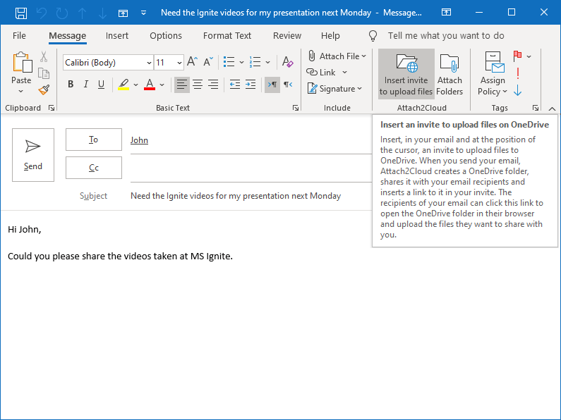 The Attach2Cloud "Insert Invite to upload files to OneDrive" button in the Outlook message ribbon
