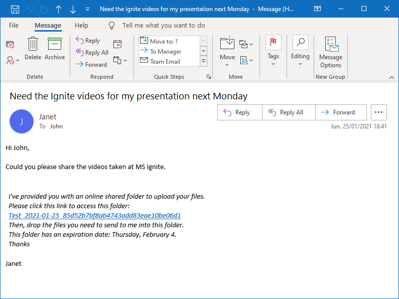 The Outlook email containing the Attach2Cloud invitation to upload files to OneDrive sent by Janet