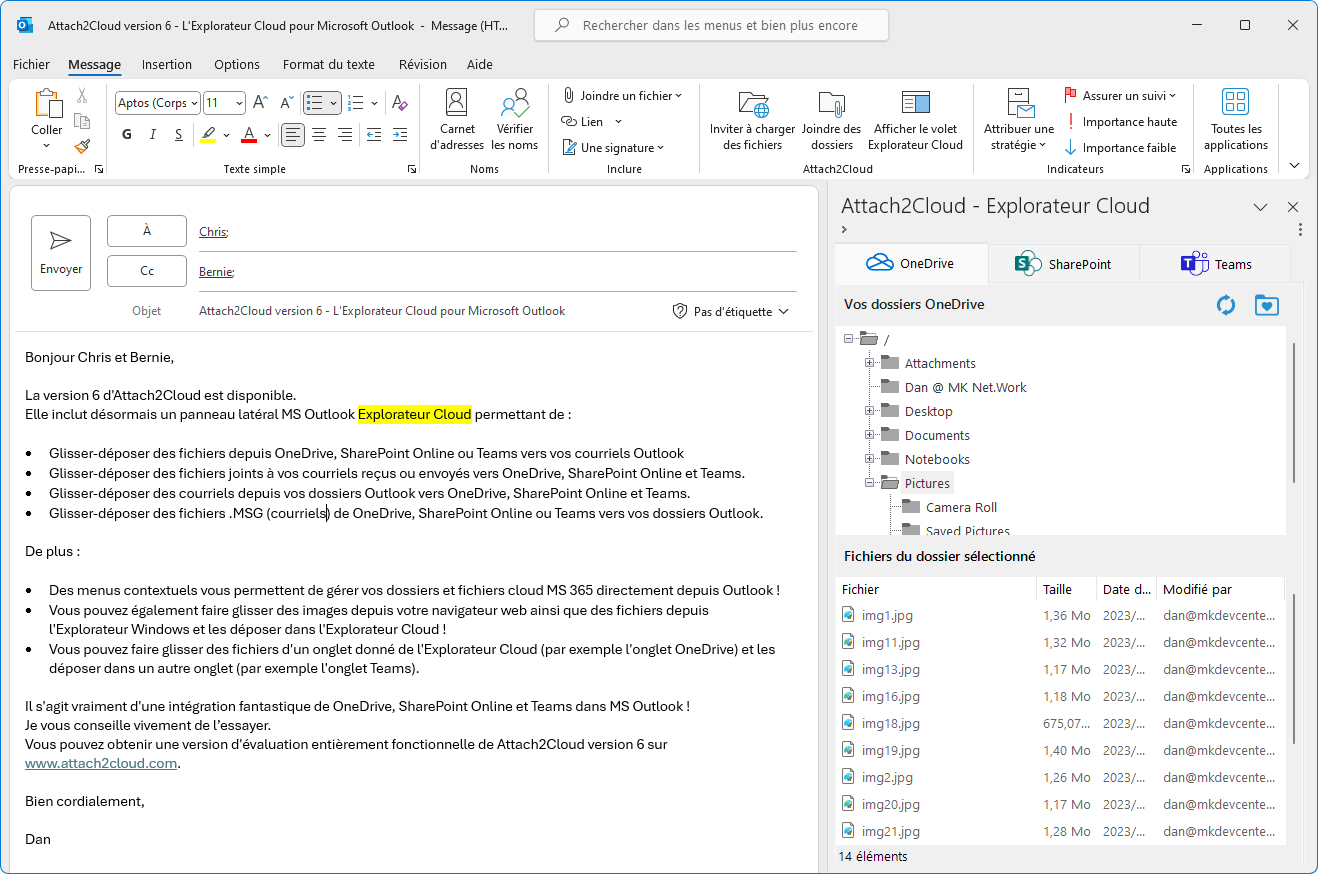 Explorateur Cloud pour MS Outlook - Onglet OneDrive