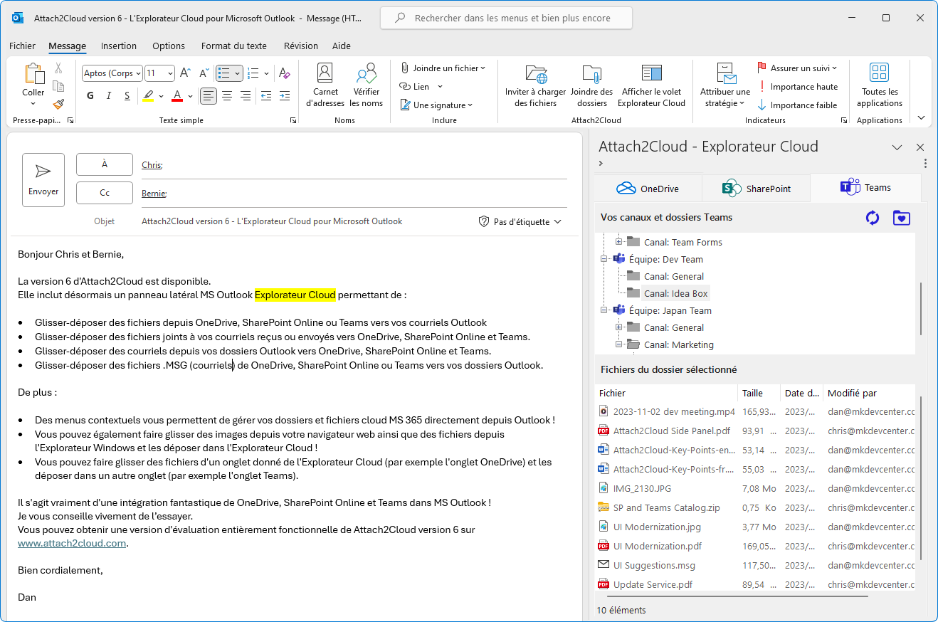 Explorateur Cloud pour MS Outlook - Onglet Teams
