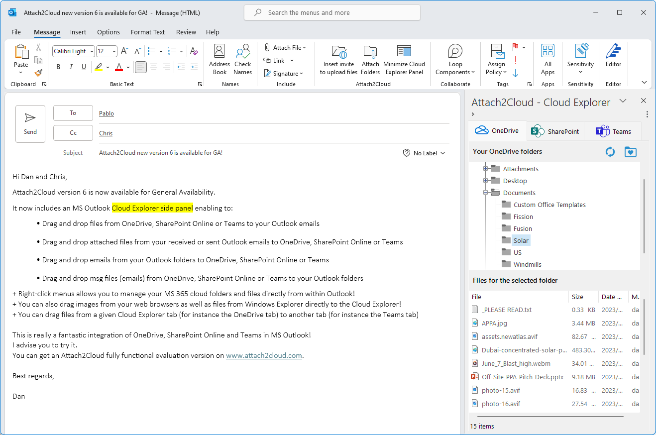 Attach2Cloud Cloud Explorer for Microsoft Outlook - OneDrive Tab