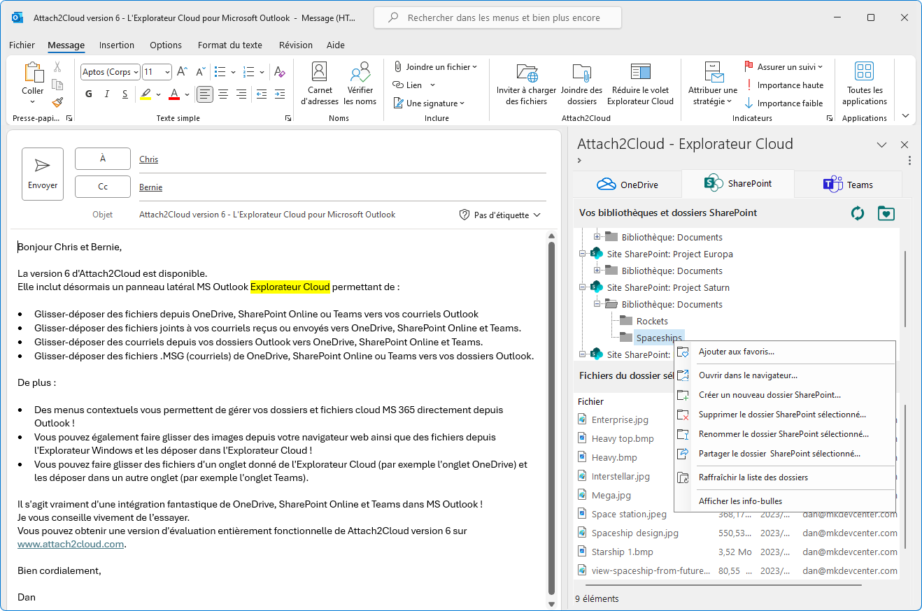 Explorateur Cloud pour MS Outlook - Menus clic-droit (Dossiers)