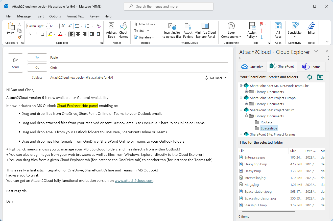 Attach2Cloud Cloud Explorer for Microsoft Outlook - SharePoint Online Tab