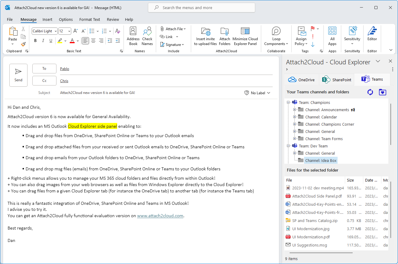 Attach2Cloud Cloud Explorer for Microsoft Outlook - Teams Tab